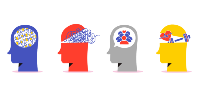 4 men's heads with images within them bottles, squiggly lines, people and health symbols