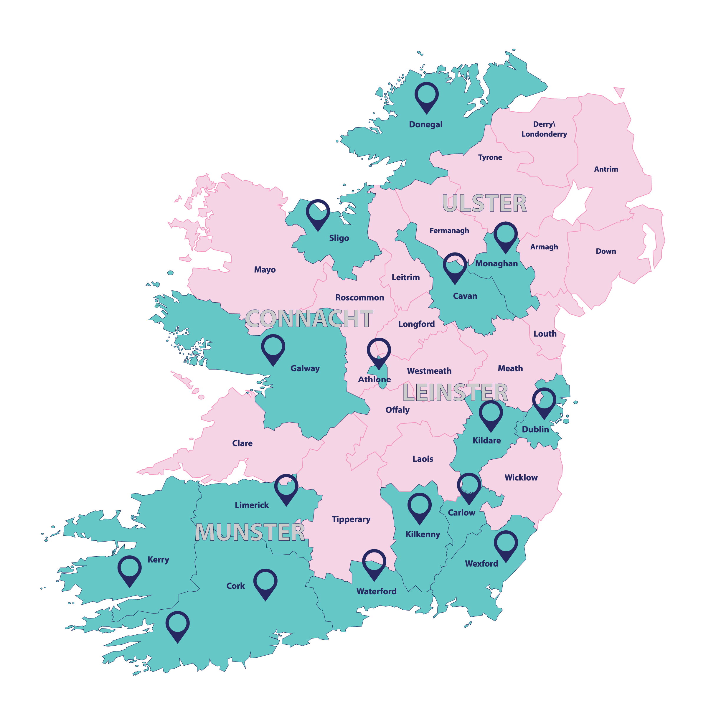 a map of Ireland with pins in the places where HUGG has support groups. Dublin, Kidare, Carlow, Wexford, Waterford, Kilkenny, Athlone, Cork Kerry Limerick Sligo Donegal Cavan Monaghan