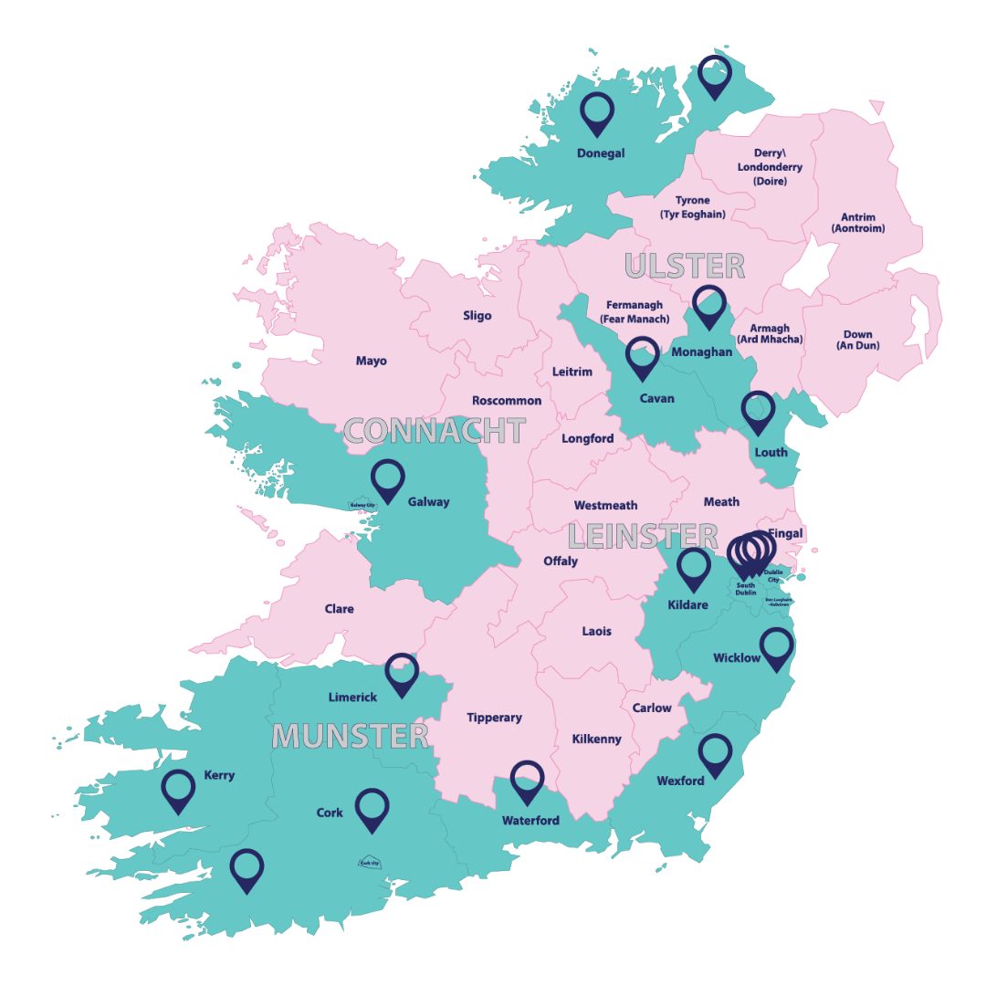 map of Ireland with the location of hugg suicide bereavement supports highlighted