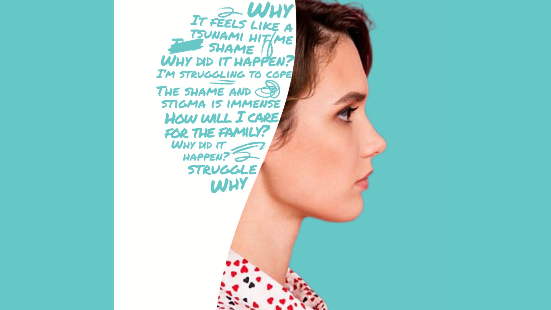 Difficult thoughts such as shame, why, coping and struggles with suicide loss appear to be coming out of a woman's head.