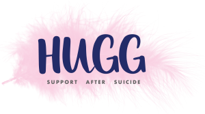 Light pink feather with the words HUGG Support After Suicide on top of the feather