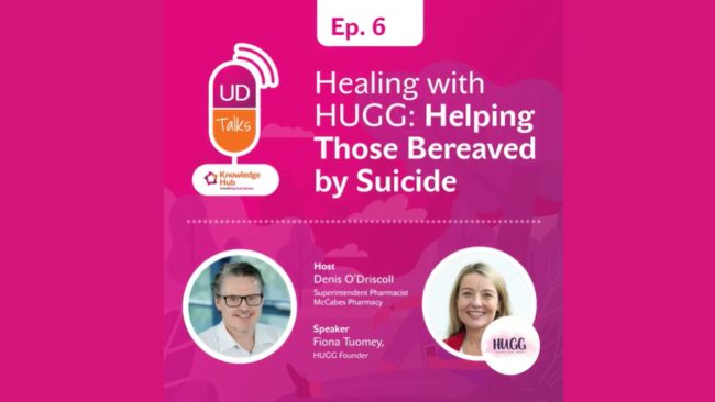 Picture of Fiona Tuomey, CEO and Founder of HUGG interviewed on United Drugs podcast. Healing with HUGG- helping those bereaved by suicide hosted by Denis O'Driscoll, pictured.