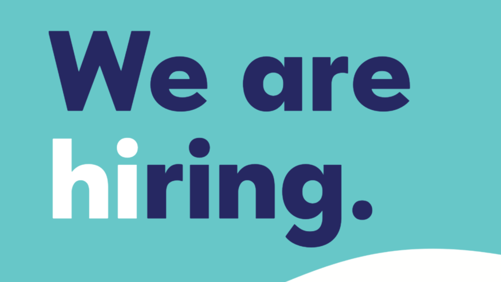 Green background with blue and white text We are Hiring