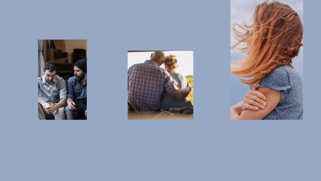 Friends talking, a couple hugging and a woman wrapping her arms around herself