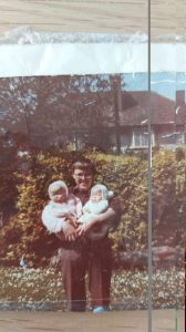 Baby Picture of Sinead with her twin sister and dad who died by suicide