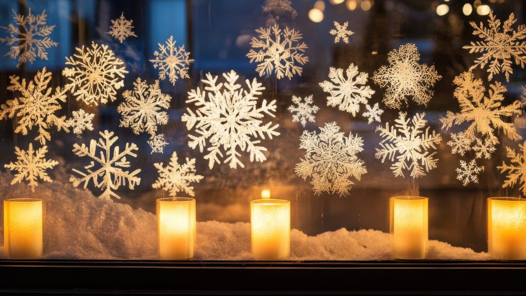 Christmas candles and white snowflakes at a window