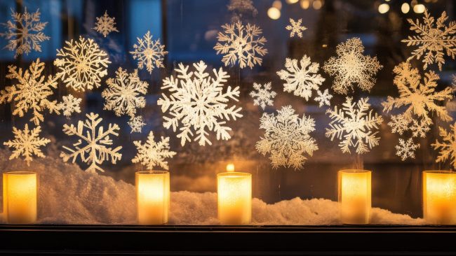 Christmas candles and white snowflakes at a window