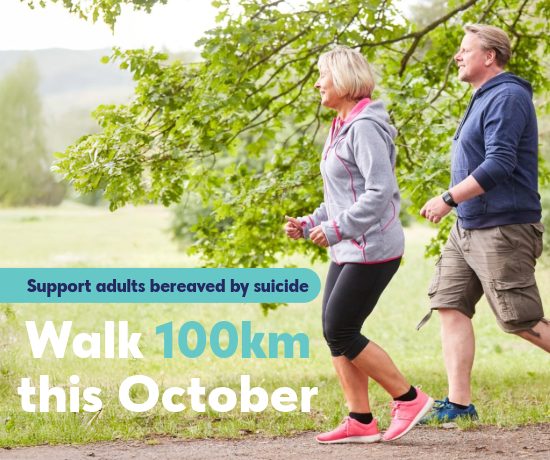 picture of 2 people walking with copy overlay saying "walk 100km this october"