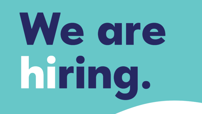 teal background with graphic saying we are hiring