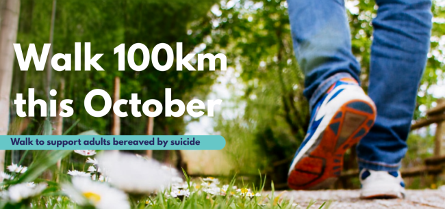 graphic of a man wans legs walking with copy saying walk 100km this october